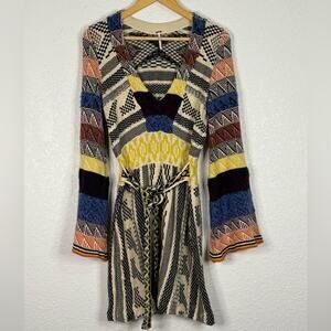 Free People Patchwork sweater dress bell sleeve tie waist Boho Gypsy Hippie